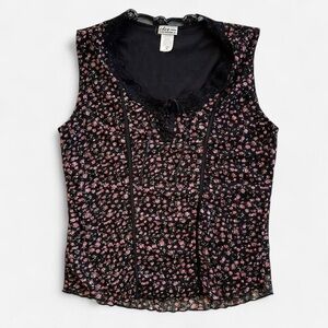 Vintage CDW Creative Design Works Black Lace Pink Floral Print Sleeveless Top